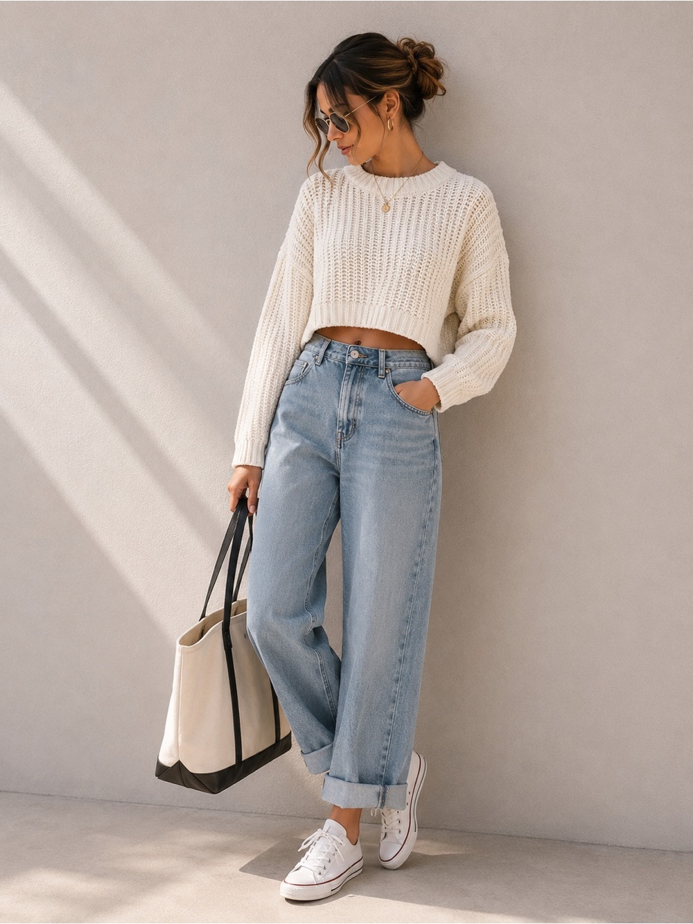Willow & Wind Cream Chunky Knit Cropped Sweater Waffle Knit Size Medium
